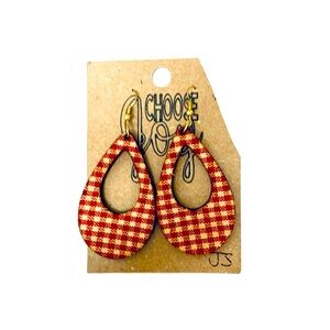 Red Checkered Gingham Wooden Oval Loop Earrings